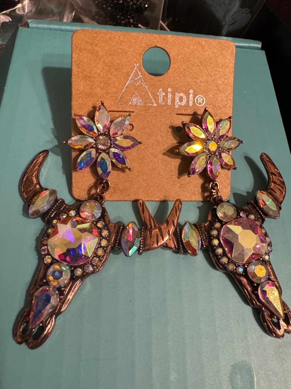 Tipi Western Iridescent Bull Skull Statement Earrings